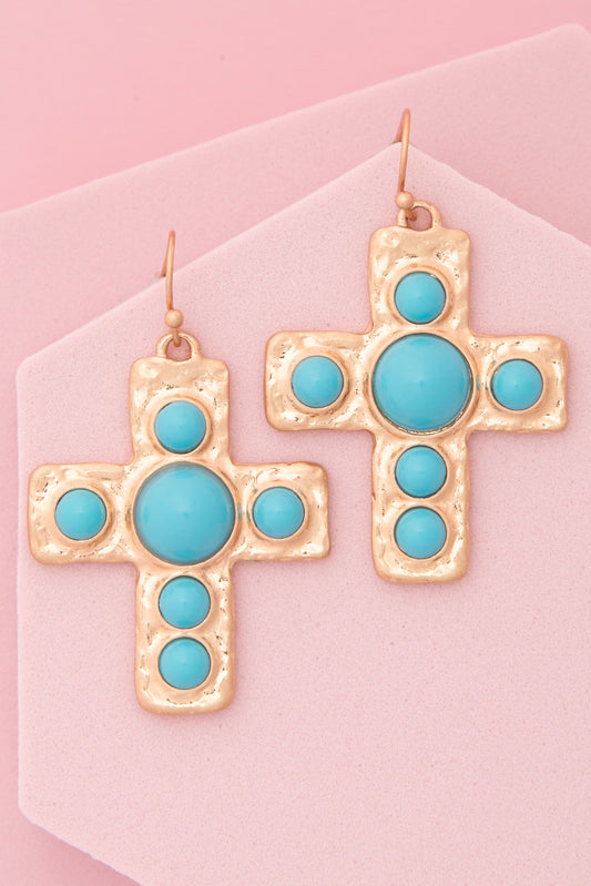 Sage Turquoise / Pearl Bezel Cross Dangle Earrings | Turquoise