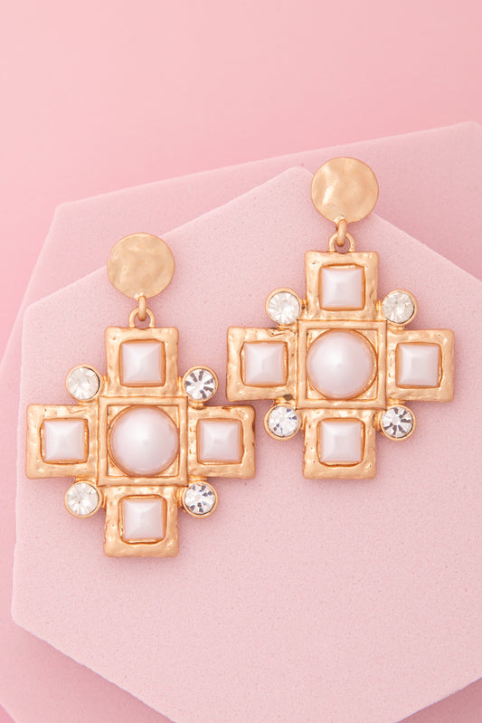 June Textured Finish Bezel Crystal Pearl Cross Dangle Earrings