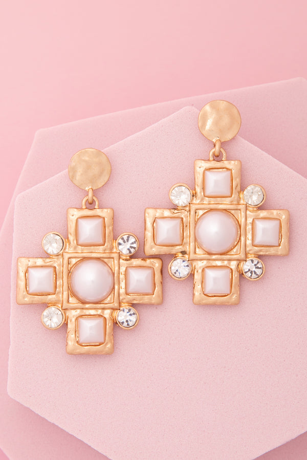 June Textured Finish Bezel Crystal Pearl Cross Dangle Earrings