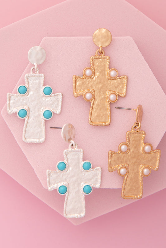 Isabel Textured Finish Bezel Cross Post Dangle Earrings