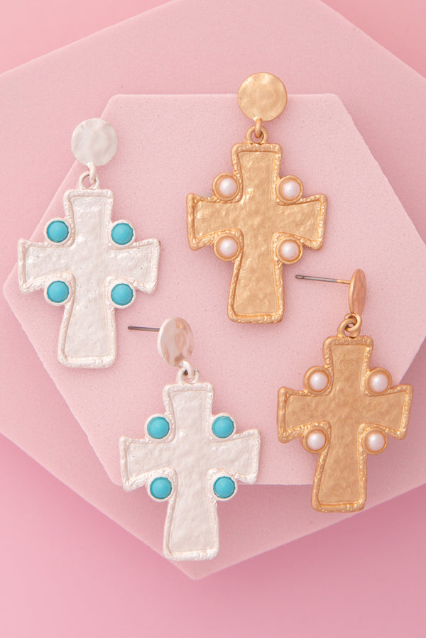Isabel Textured Finish Bezel Cross Post Dangle Earrings