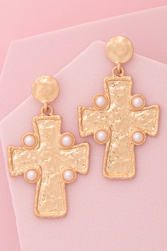 Isabel Textured Finish Bezel Cross Post Dangle Earrings | Gold