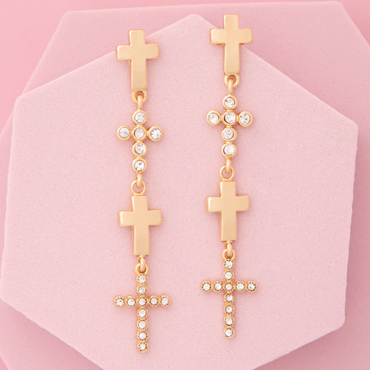 Adalynn Multi-Cross Linear Earrings with Pavé Rhinestones in Gold