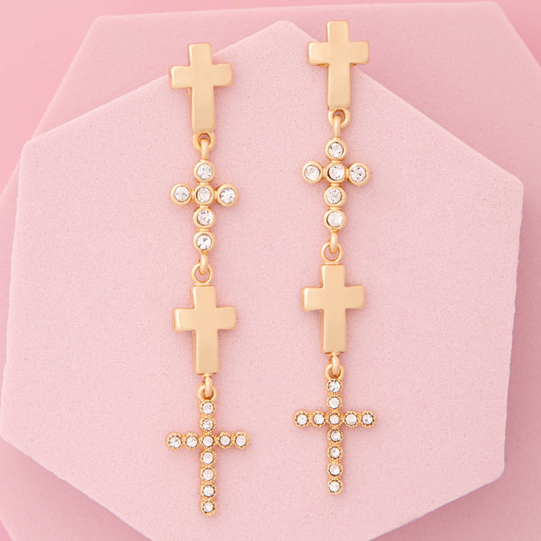 Adalynn Multi-Cross Linear Earrings with Pavé Rhinestones in Gold