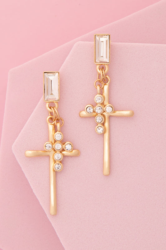 Kaia Polished Stick and Rhinestone Cross Charm Cut Earrings