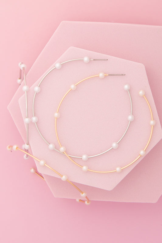 Reese White Pearl Open Hoop Post Wire Earrings