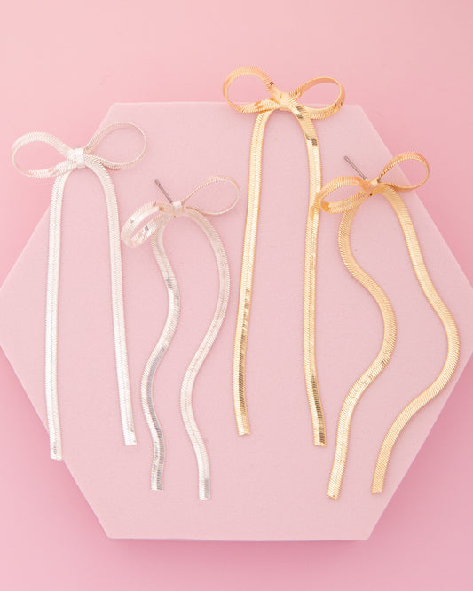 Gemma Long Tail Bow Herringbone Post Earrings
