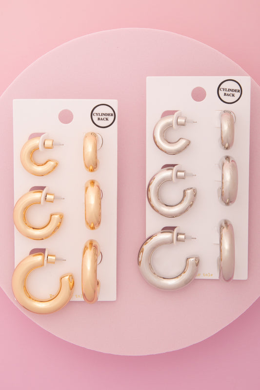Aurelia 3 Pair C-Shape Hoop Earring Set with Cylinder Backings