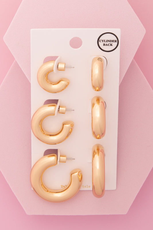 Aurelia 3 Pair C-Shape Hoop Earring Set with Cylinder Backings | Gold