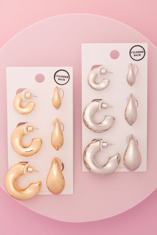Rebecca 3 Pair Elbow Macaroni Hoop Earring Set with Cylinder Backing