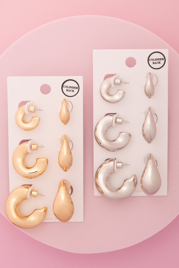 Rebecca 3 Pair Elbow Macaroni Hoop Earring Set with Cylinder Backing