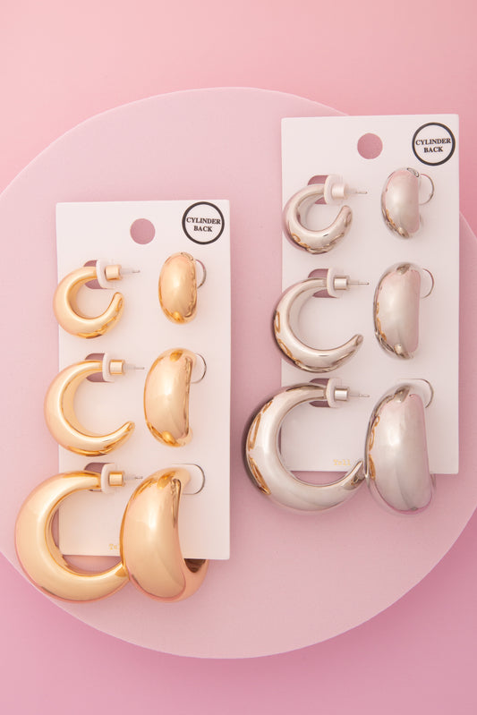 Ariyah 3 Pair Crescent Shape Hoop Earring Set with Cylinder Backing
