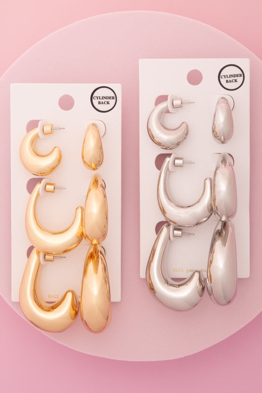 Heidi 3 Pair Serpent Tail Hoop Earring Set with Cylinder Backings