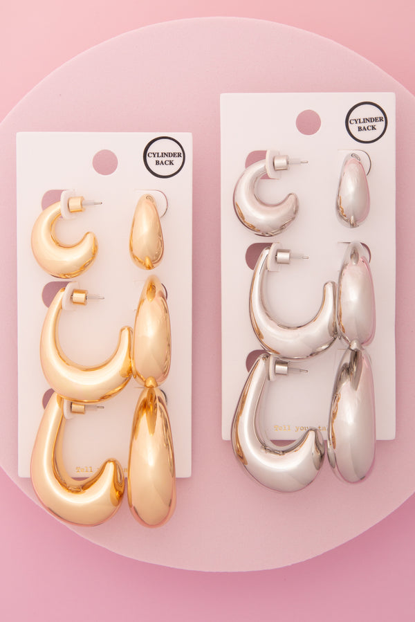 Heidi 3 Pair Serpent Tail Hoop Earring Set with Cylinder Backings