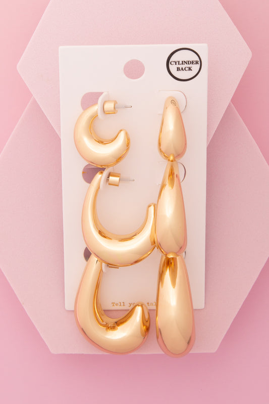 Heidi 3 Pair Serpent Tail Hoop Earring Set with Cylinder Backings | Gold