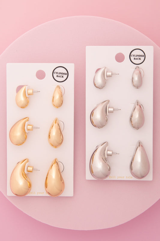 Annabelle 3 Pair Pear-Shaped Post Earring Set with Cylinder Backings