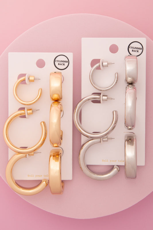 Lauren 3 Pair C-Shape Hoop Earring Set with Cylinder Backings
