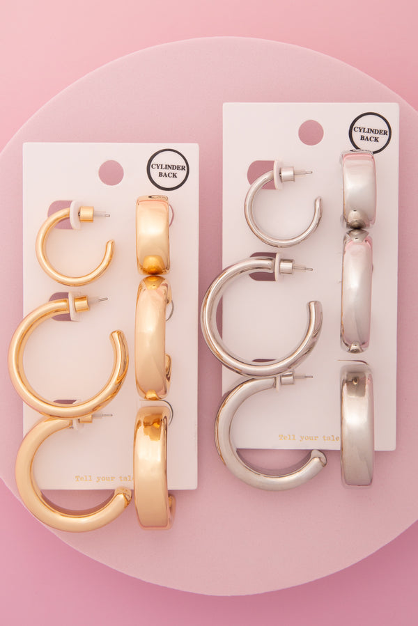 Lauren 3 Pair C-Shape Hoop Earring Set with Cylinder Backings