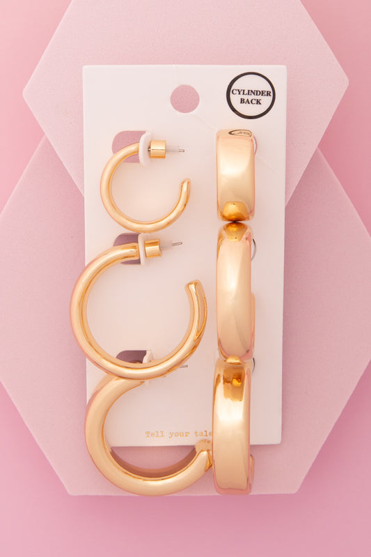Lauren 3 Pair C-Shape Hoop Earring Set with Cylinder Backings | Gold