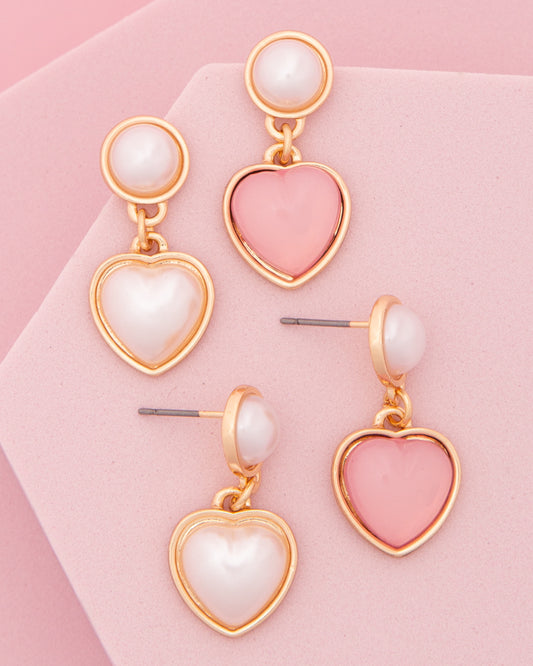 Rose Pearl Post Dangle Earrings with Bezel Vitreous Enamel Heart