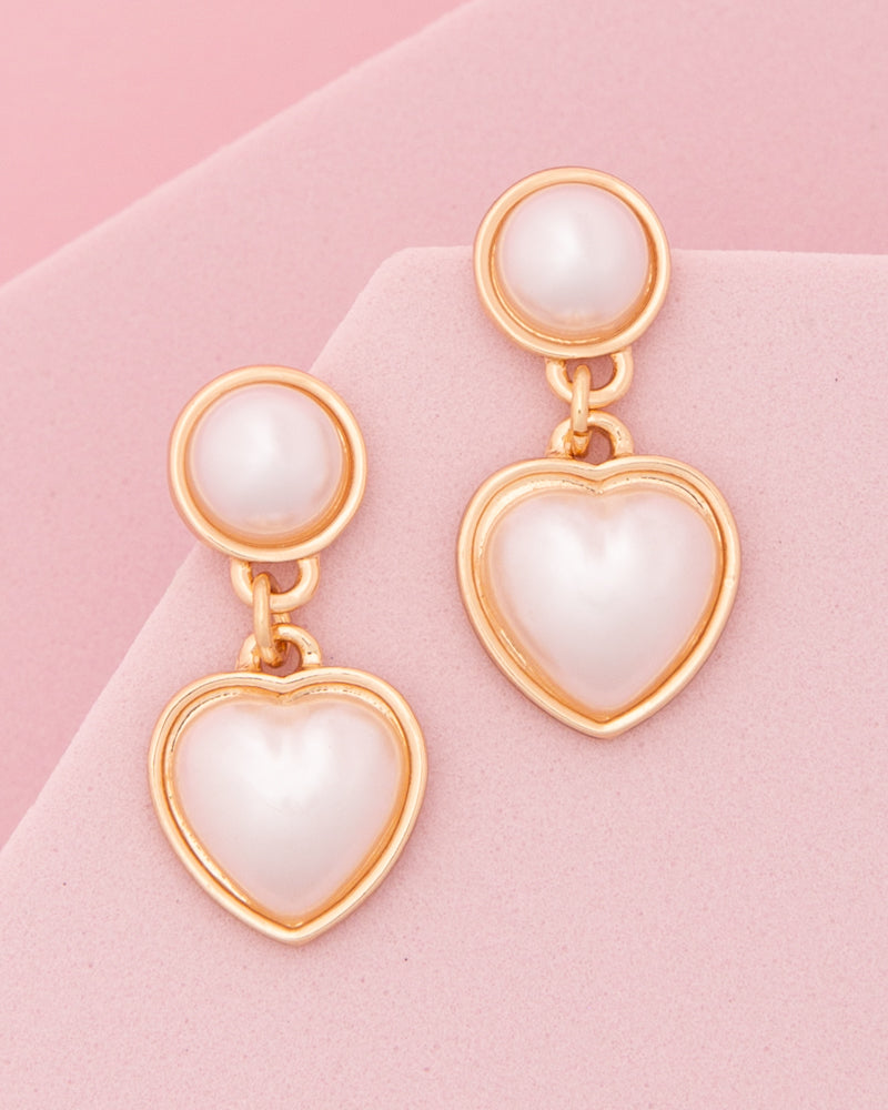 Rose Pearl Post Dangle Earrings with Bezel Vitreous Enamel Heart