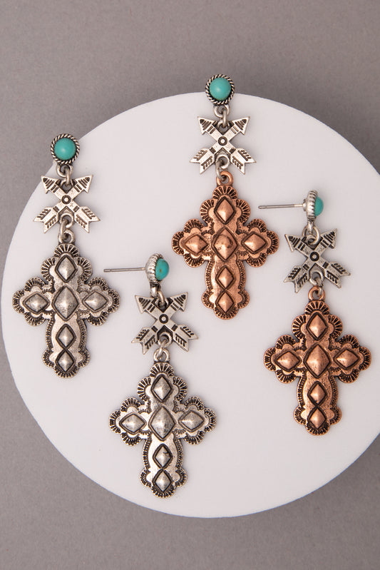 Aurora Western Turquoise Embellished Orthodox Cross Earrings