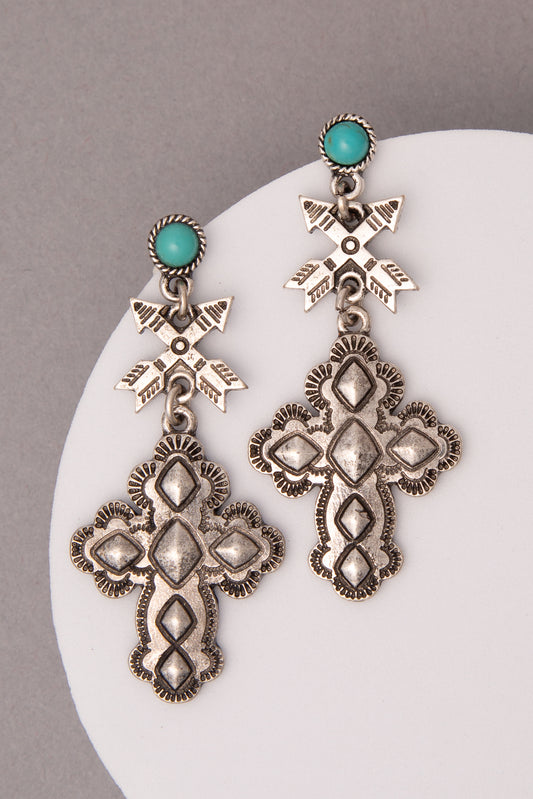 Aurora Western Turquoise Embellished Orthodox Cross Earrings | Silver