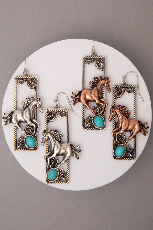 Violet Western Turquoise Embellished Wild Horse Dangle Earrings