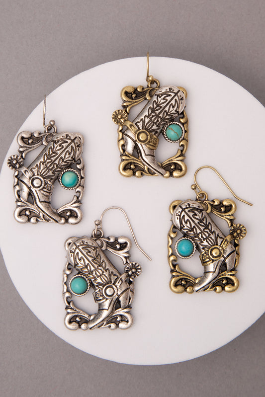 Eleanor Western Turquoise Embellished Cowboy Boot Dangle Earrings