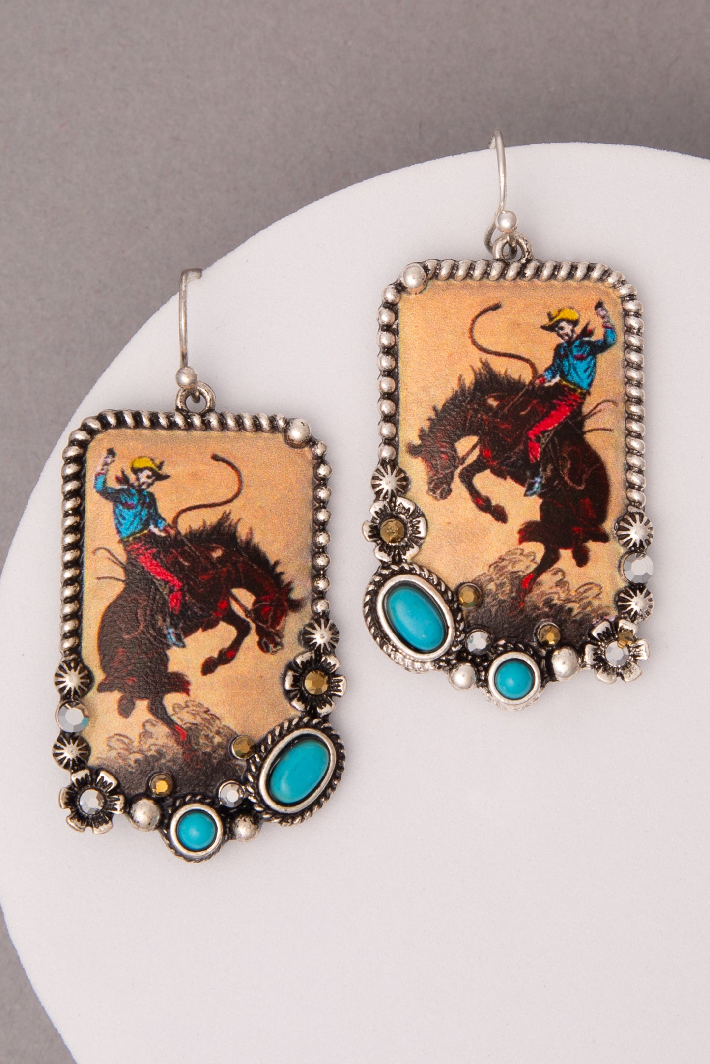 Natasha Turquoise Crystal Embellished Tooled Leather Cowboy Earrings