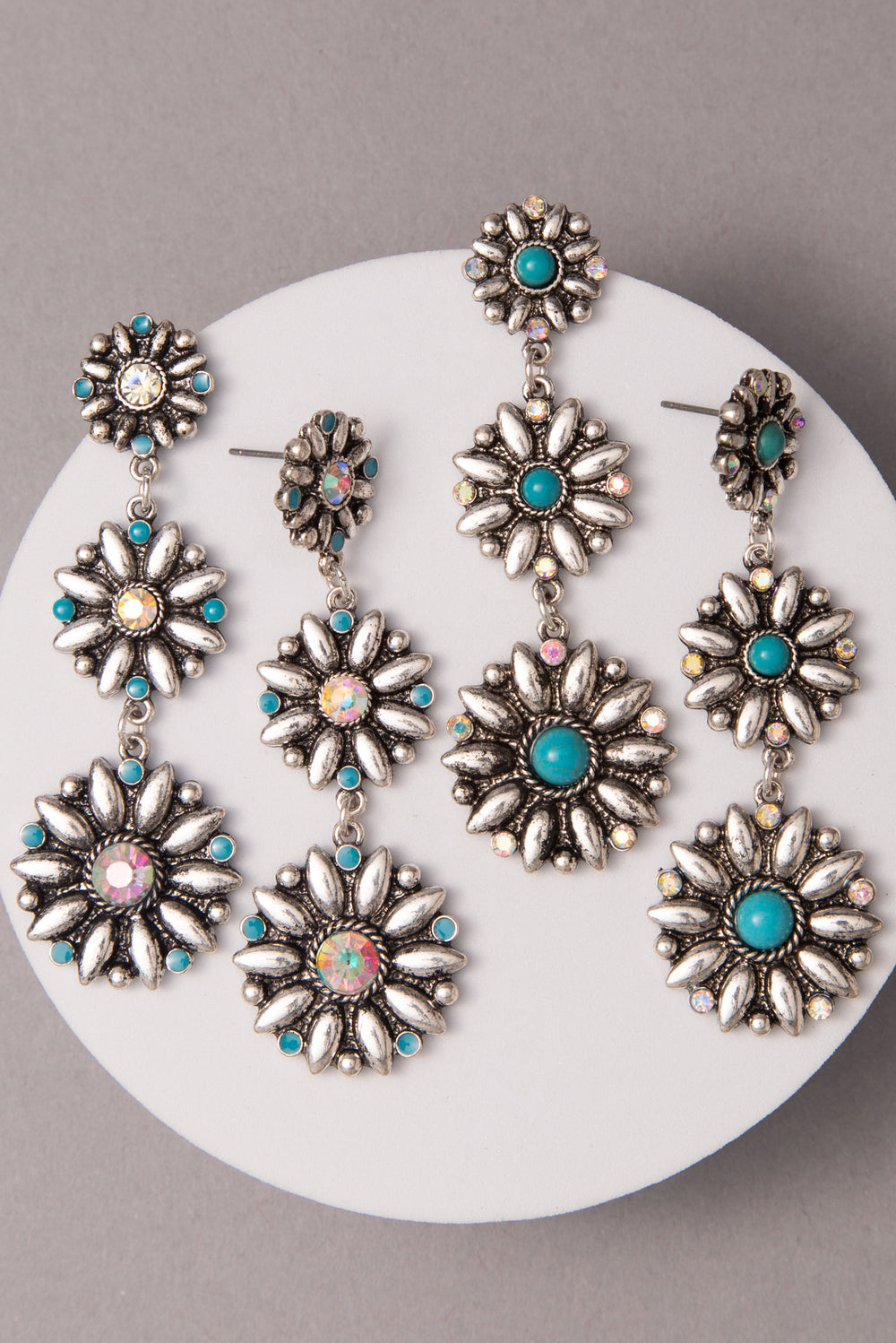 Ayra Turquoise Crystal Embellished Floral Concho Linear Earrings