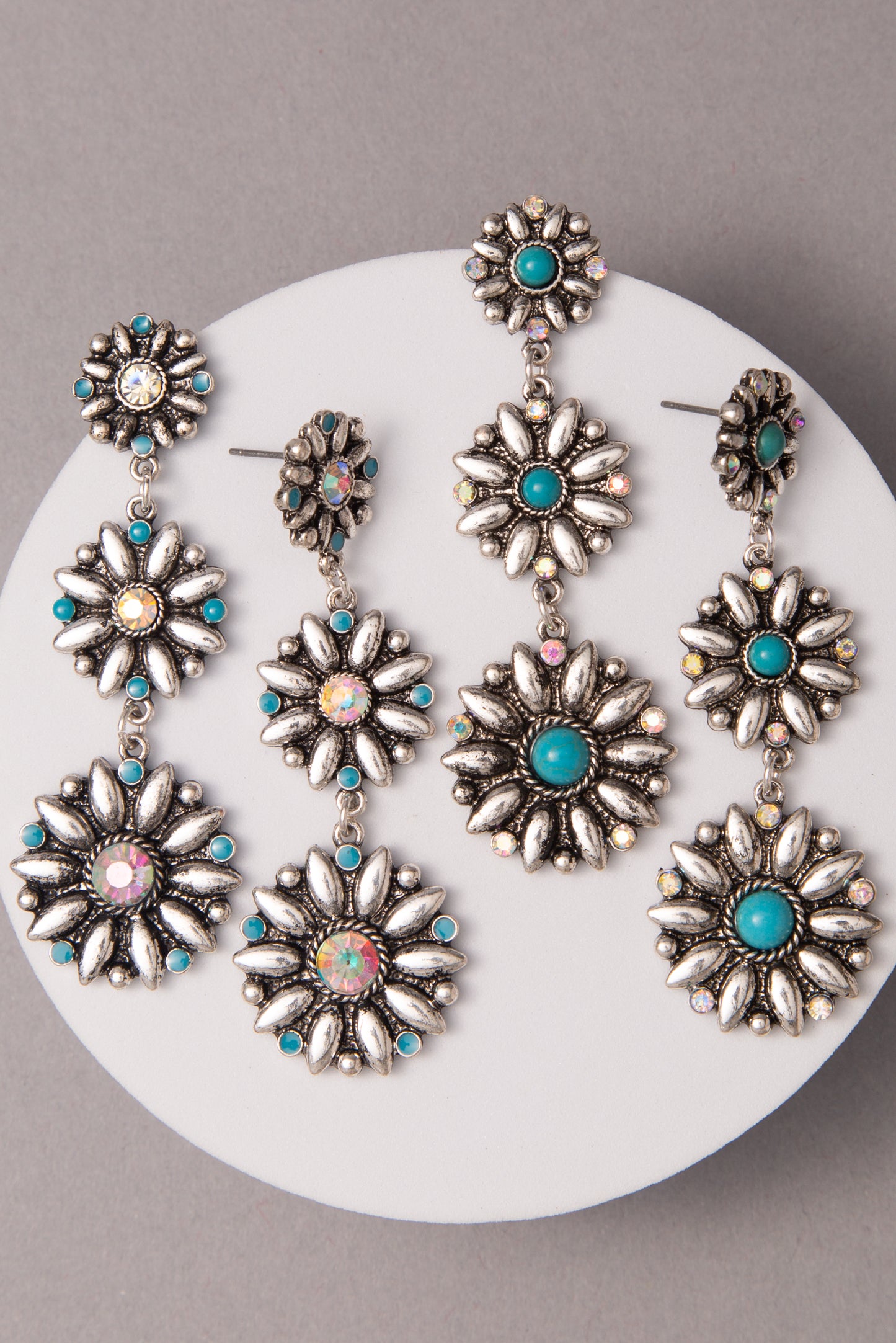 Ayra Turquoise Crystal Embellished Floral Concho Linear Earrings
