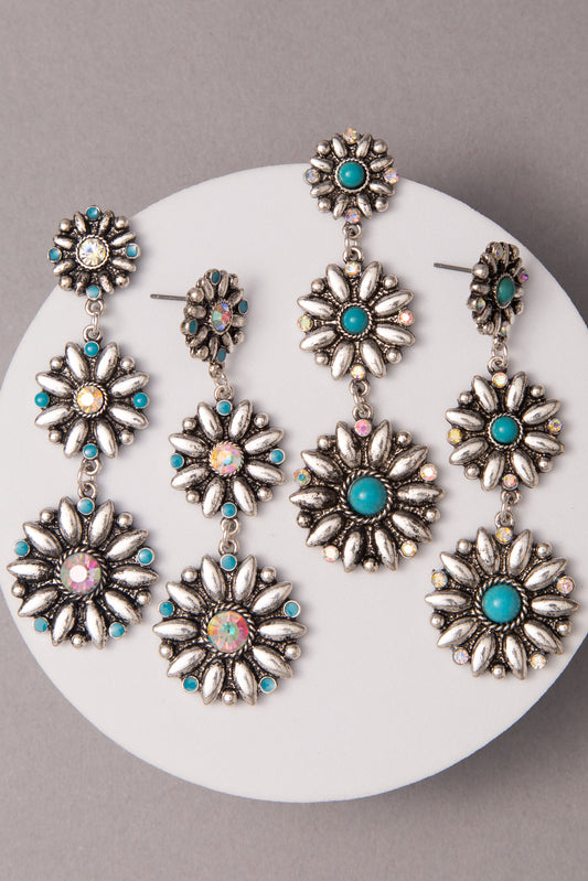 Ayra Turquoise Crystal Embellished Floral Concho Linear Earrings
