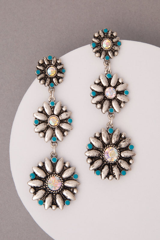 Ayra Turquoise Crystal Embellished Floral Concho Linear Earrings