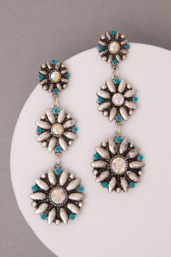 Ayra Turquoise Crystal Embellished Floral Concho Linear Earrings
