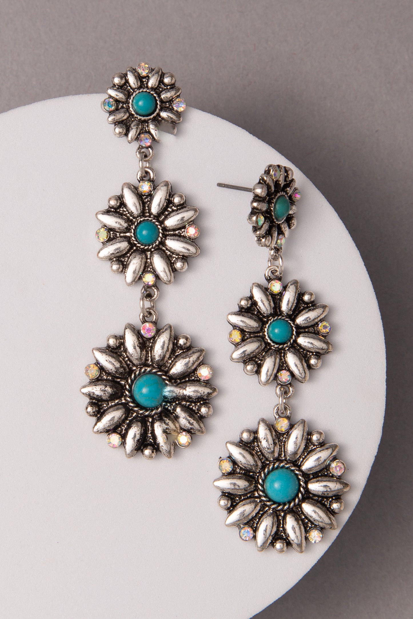 Ayra Turquoise Crystal Embellished Floral Concho Linear Earrings