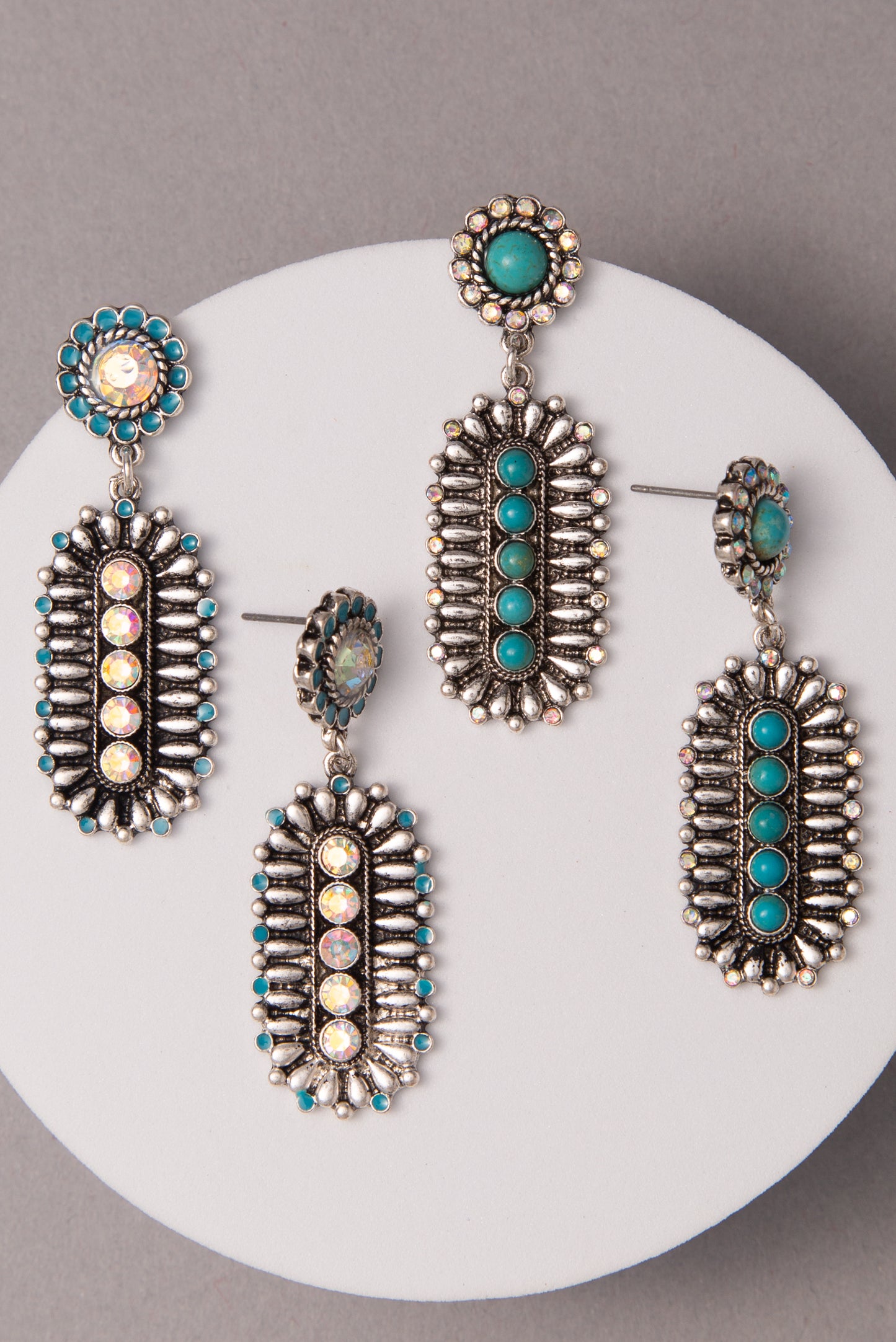 Maya Turquoise Crystal Embellished Oval Concho Dangle Earrings