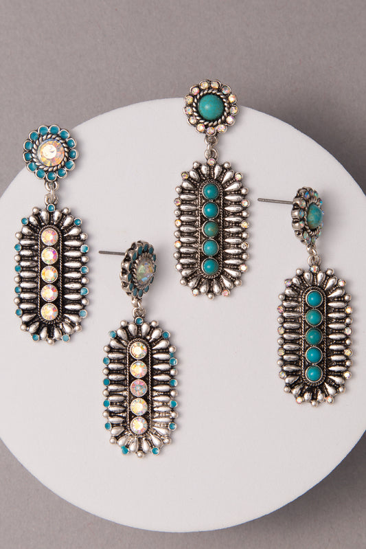 Maya Turquoise Crystal Embellished Oval Concho Dangle Earrings