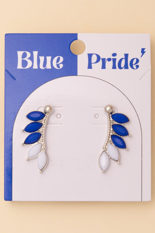 Quinn Game Day Crystal Embellished Feather Post Dangle Earrings | Royal Blue & White