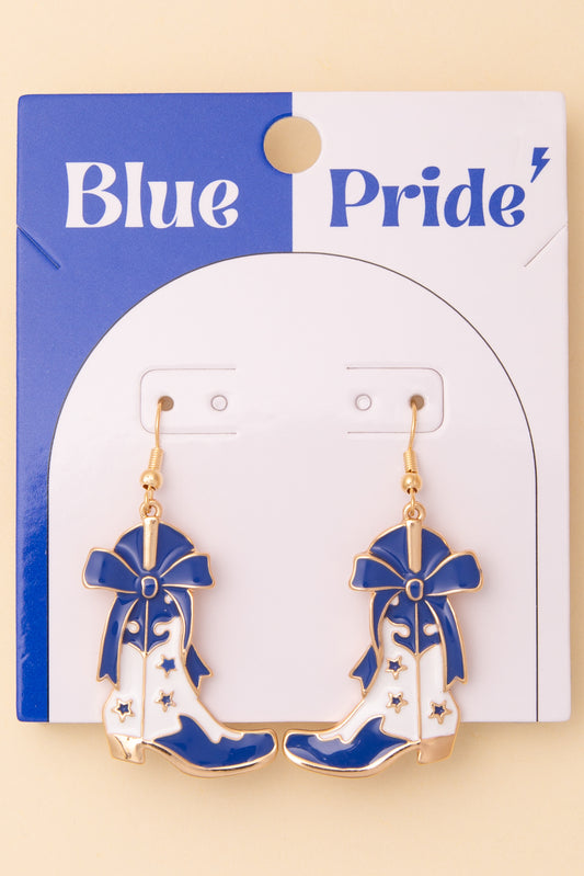 Hailey Game Day Western Two-Tone Enamel Cowboy Boot Dangle Earrings | Blue White
