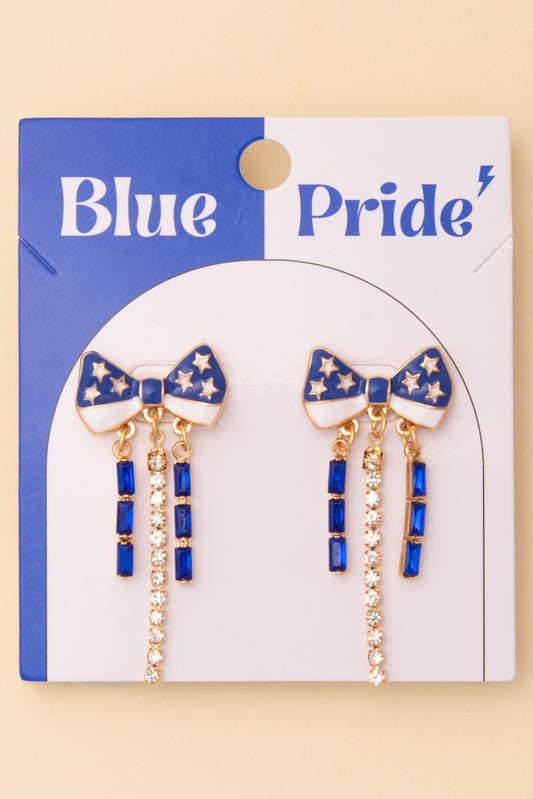Diana Game Day Crystal Rhinestone Embellished Bow Post Earrings | Blue White