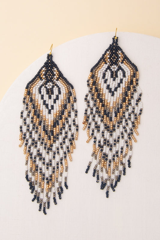Nancy Western Inspired Seed Beaded Fringe Dangle Earrings | Black