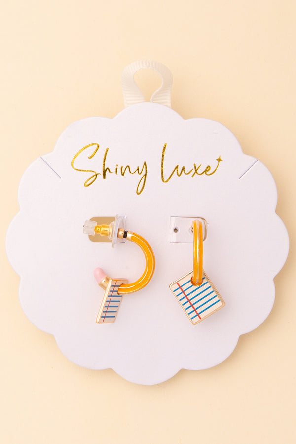 Lucia School Theme Pencil and Notebook Open Loop Cuff Earrings
