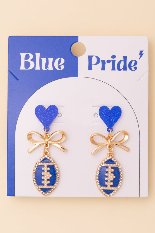 Eliza Game Day Enamel Heart Football Post Dangle Earrings | Blue White