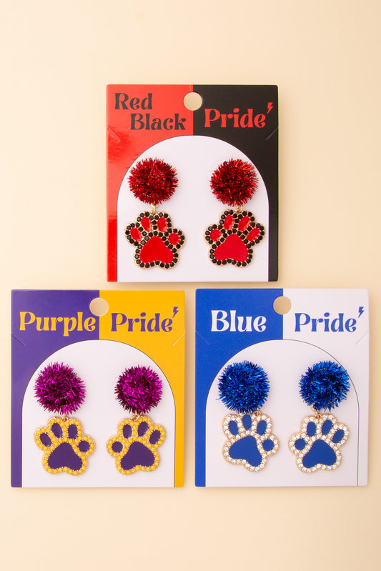 Margaret Game Day Dog Paw Dangle Earrings with Pom and Rhinestone