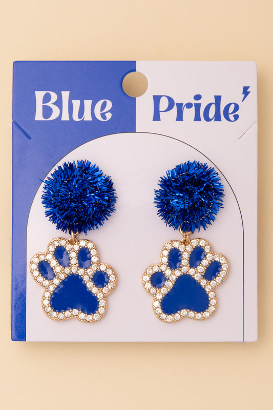 Margaret Game Day Dog Paw Dangle Earrings with Pom and Rhinestone | Blue White