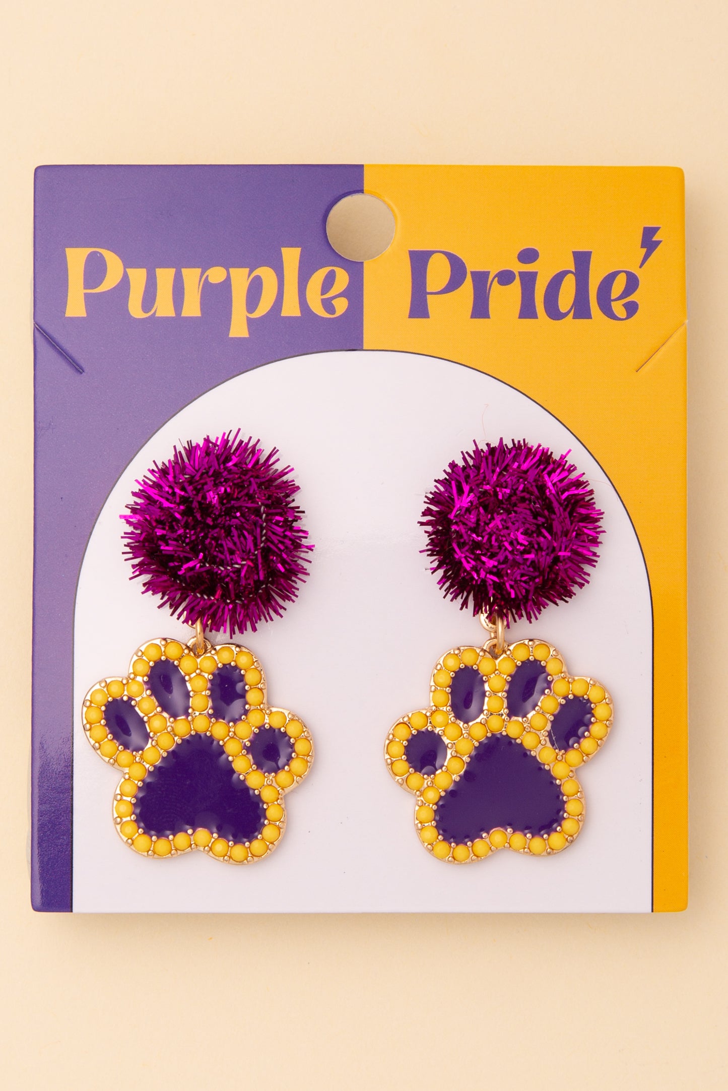 Margaret Game Day Dog Paw Dangle Earrings with Pom and Rhinestone