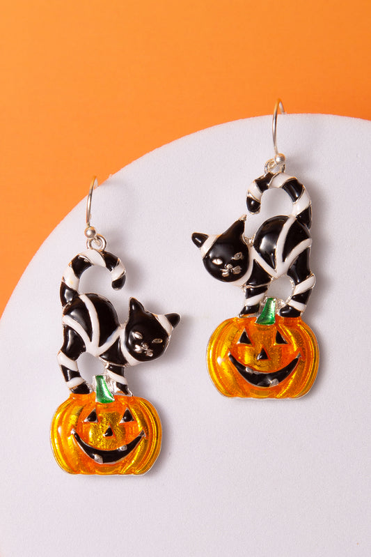 Arina Halloween Playful Black Cat on Pumpkin Dangle Earrings