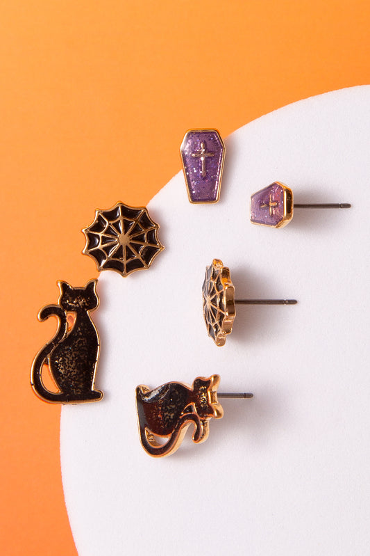 Emma 3-Pack Halloween Earrings – Glittered Coffin, Cat, Spiderweb