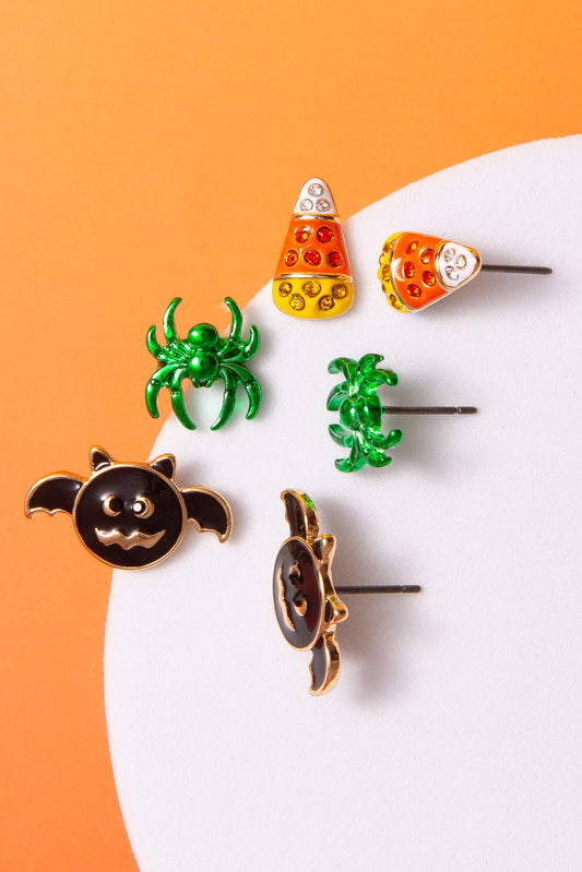Harper 3-Pack Halloween Earrings – Enamel Bat, Spider & Candy Corn